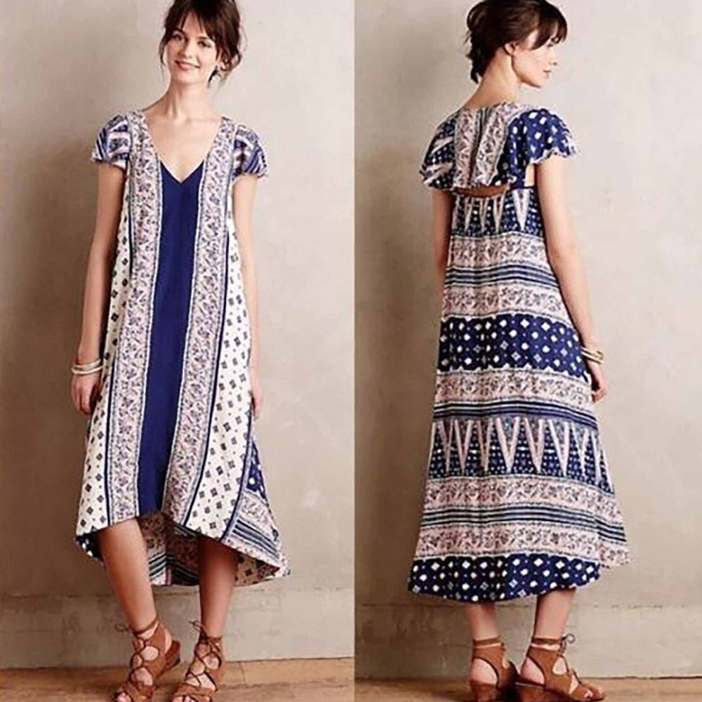 Maeve Anthropologie Summertide Swing Dress XS Boho High Low Midi Navy Pink